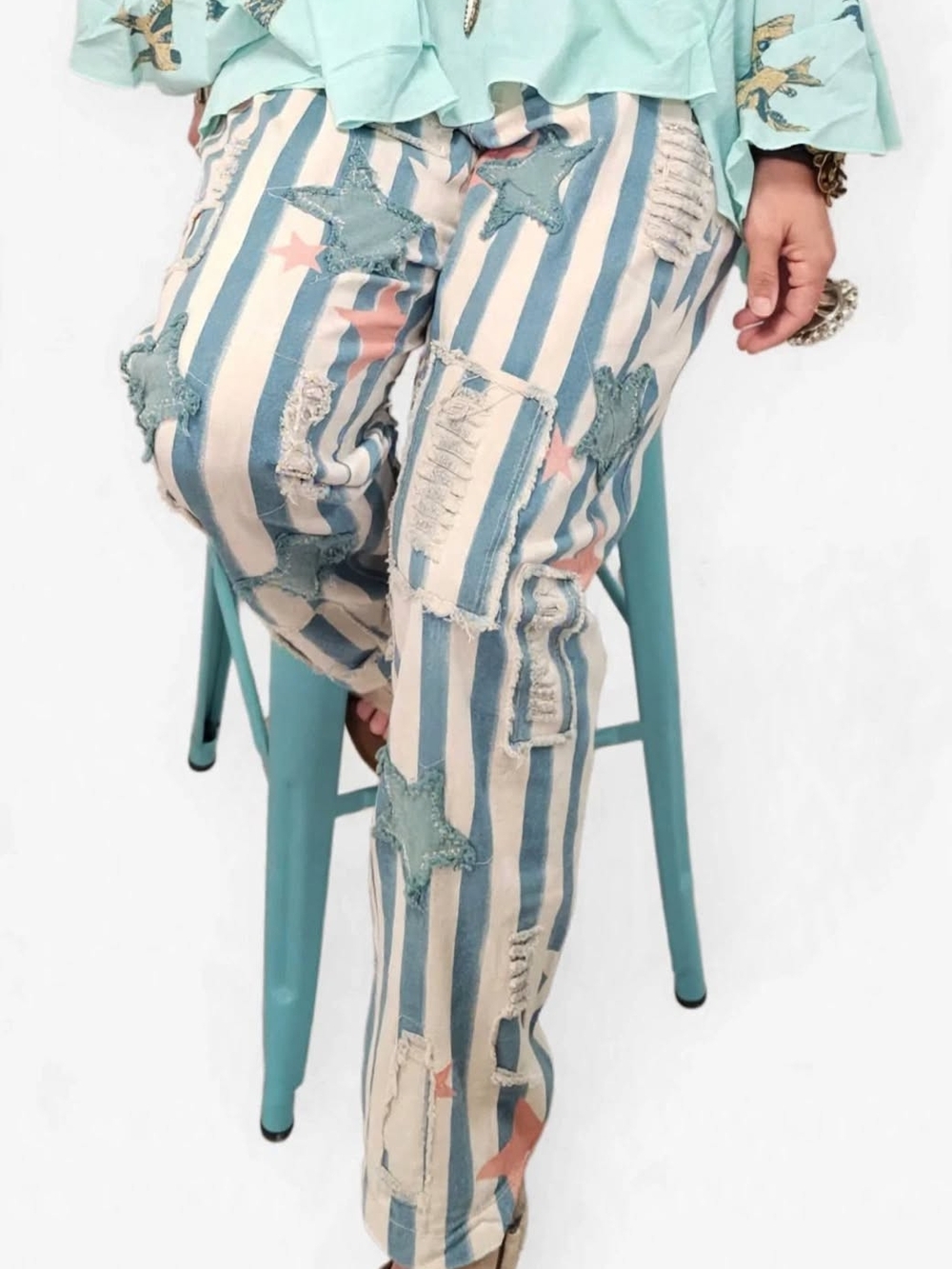A RARE BIRD STARS AND Striped Jeans with Star Patchwork - Blue & Cream
